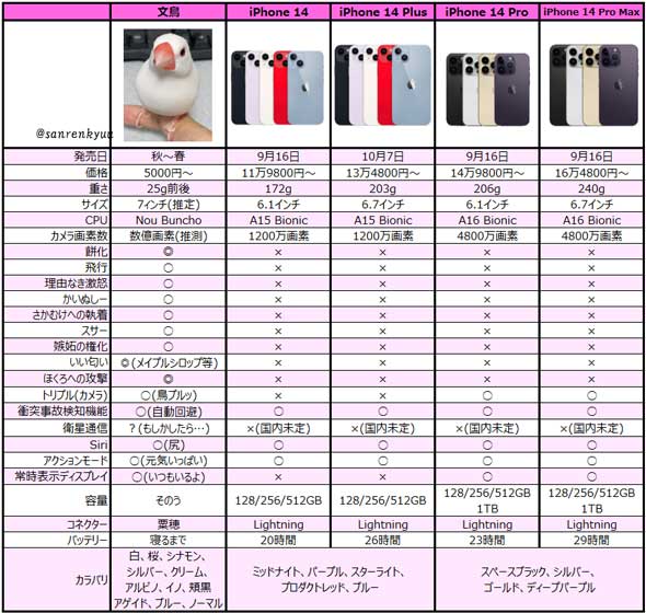 文鳥 iPhone 比較 表 2022