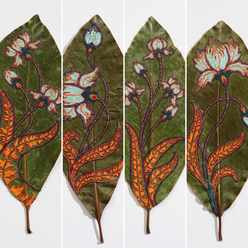 葉に施した刺繍