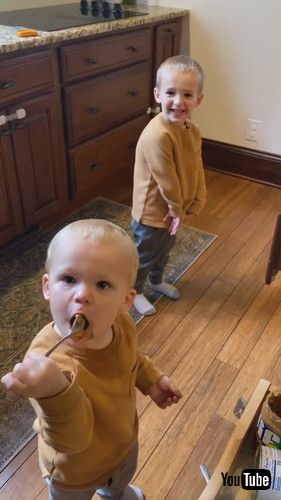 「Toddler Brothers Make a Mess in the Kitchen With Peanut Butter - 1361440」