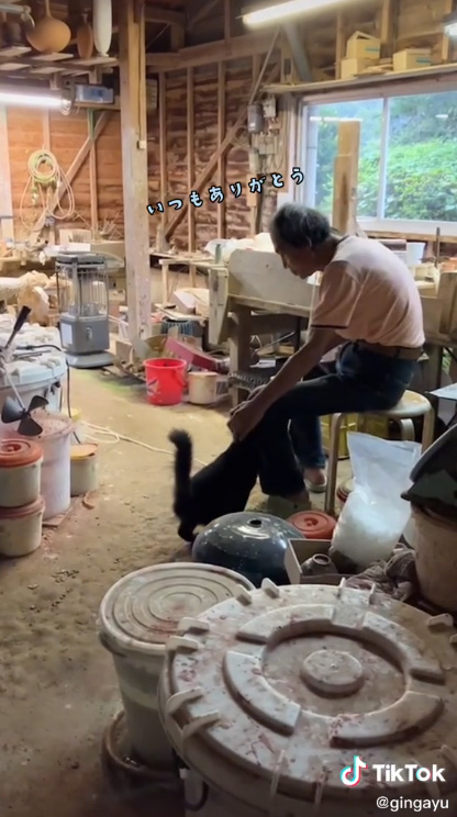 寄り添う陶芸家と猫