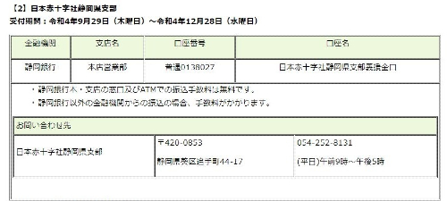 日本赤十字社静岡県支部への令和4年台風第15号災害静岡県義援金