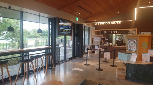 名物のSLソフトはここで。窓の向こうはプラットホームに続く