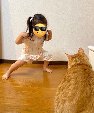 ヒーローポーズを猫に披露する3歳女の子の写真