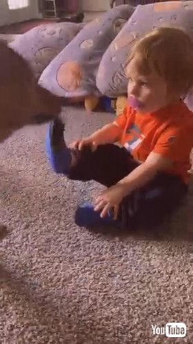 右足の靴下をとられる男の子