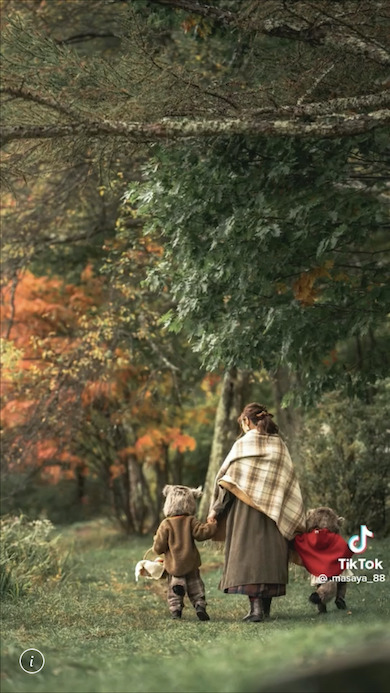 母と子どもで森を歩く写真