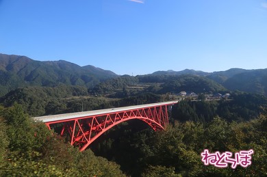 奥出雲おろちループと三井大橋が見えた。橋の右端が道の駅