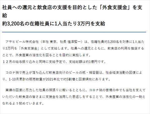 アサヒビール 外食支援金
