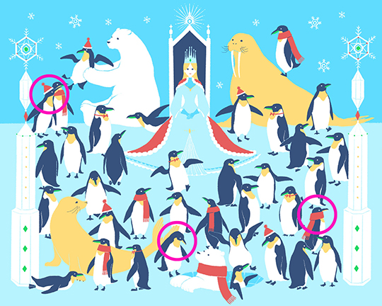 この中に「黄色いくちばしのペンギン」が隠れています　化けた人間を見つけ出せ！　ファンタジーな隠し絵クイズに挑戦しよう【氷の国の女王篇】