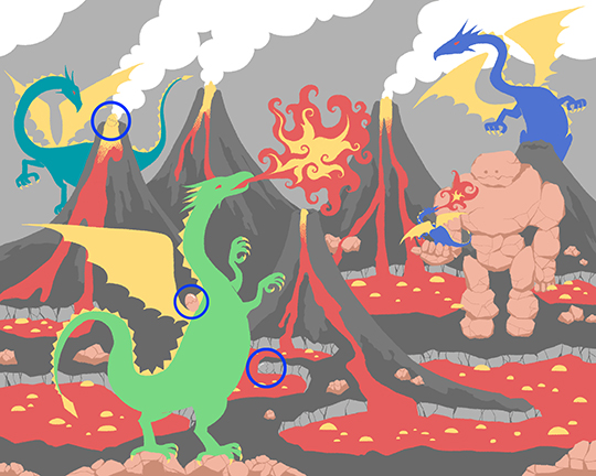 この中に「ドラゴンの卵」が隠れています　金・銀・銅、3種類の卵を見つけ出せ！　ファンタジーな隠し絵クイズに挑戦しよう【ドラゴンの棲む火山地帯篇】