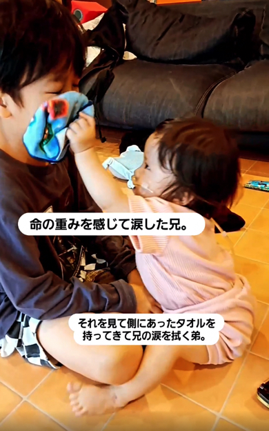 命の重みを知って泣く兄の涙を拭く弟