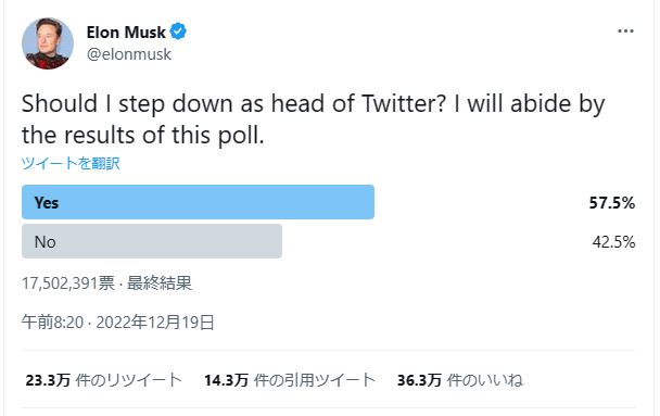 イーロン・マスク氏、TwitterのCEO辞任へ　後任が見つかり次第