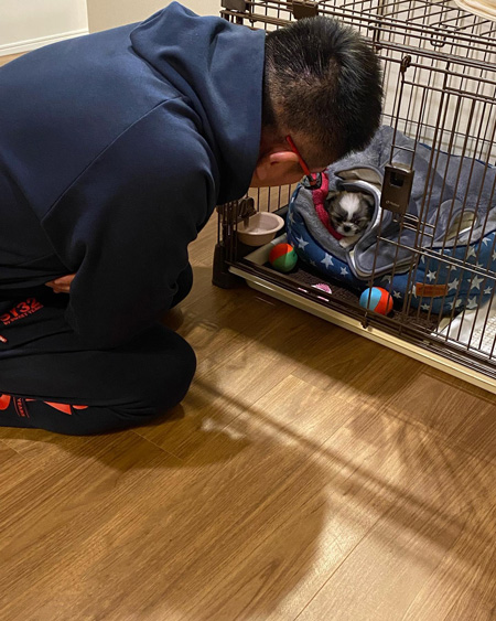 ケージを見守る夫