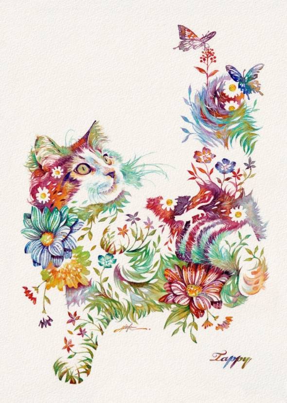 猫と花柄の絵画 花と猫 文化遺産オンライン
