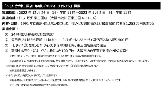 　ドミノ・ピザは12月26日から、大阪の「ドミノ・ピザ 東三国店」で、「1枚買うと2枚無料」キャンペーンを期間限定で実施