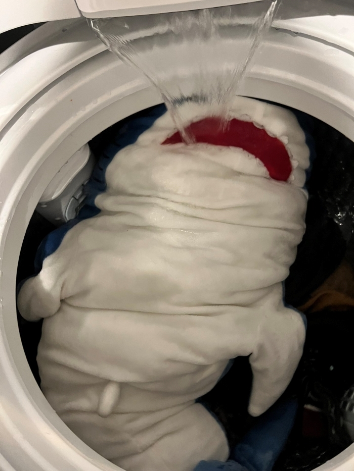 洗濯機で「ジョーズが溺れてた」　シュールすぎるサメのぬいぐるみに13万いいね