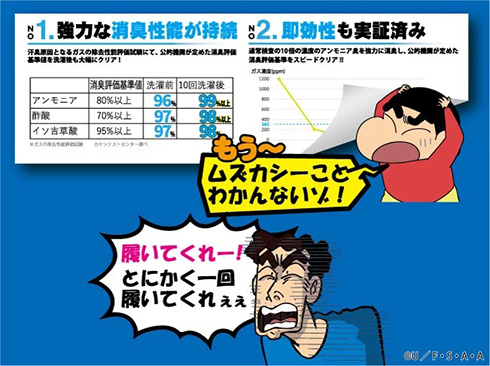 「クレヨンしんちゃん」ひろしとコラボした消臭靴下が登場　悶絶級のクサさも解決しそうな新製品