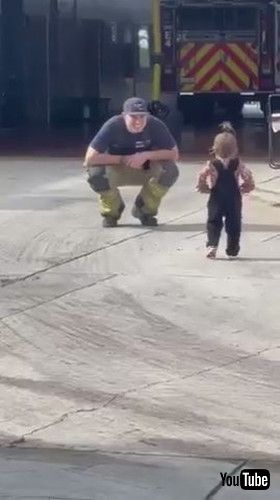 「Toddler Walks Past Fire Fighter Dad While Paying Him Surprise Visit at Fire Station - 1395798」