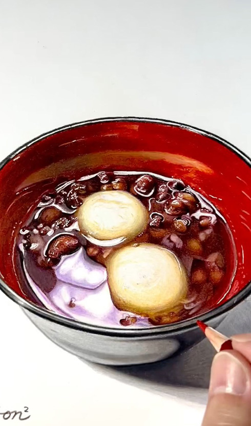 香りが漂ってきそうほどリアルなぜんざいの絵　色鉛筆で描いた小豆や白玉が「とってもおいしそう」と話題