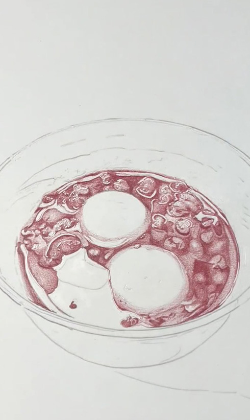 香りが漂ってきそうほどリアルなぜんざいの絵　色鉛筆で描いた小豆や白玉が「とってもおいしそう」と話題