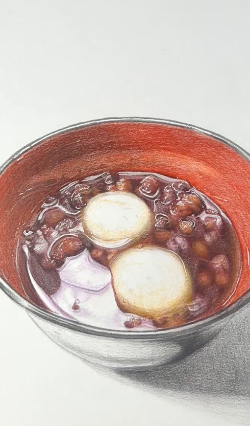 香りが漂ってきそうほどリアルなぜんざいの絵　色鉛筆で描いた小豆や白玉が「とってもおいしそう」と話題