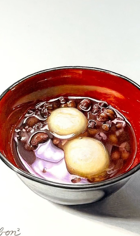 香りが漂ってきそうほどリアルなぜんざいの絵　色鉛筆で描いた小豆や白玉が「とってもおいしそう」と話題