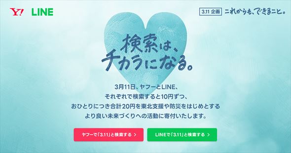 ヤフー LINE 東日本大震災 検索 寄付