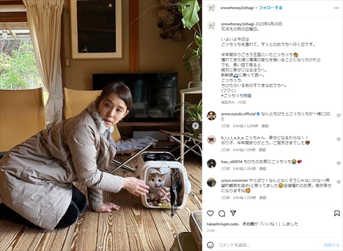 一時預かりの猫“こっちっち”を里親に預ける石田ゆり子