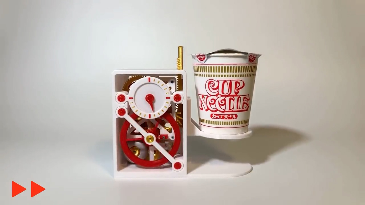 カップ麺の重さで動く、カラクリ仕掛けの“3分タイマー”がワクワクする美しさ　「可愛い」「売って欲しい」と注目集める