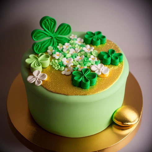 金と葉と花でデコレーションされた緑のケーキ