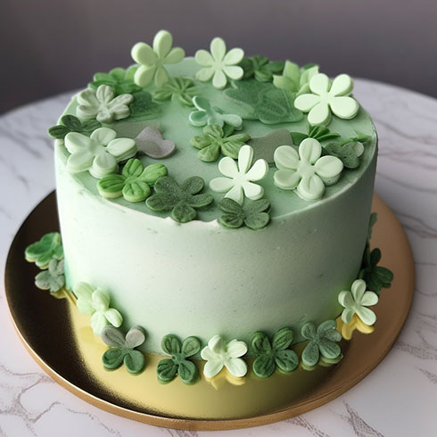 葉でデコレーションされた緑のケーキ