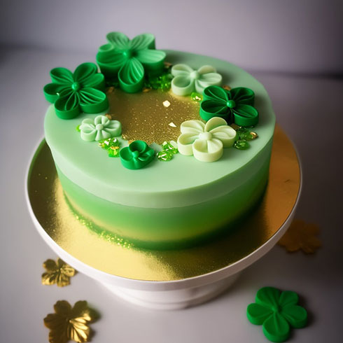 金と葉でデコレーションされた緑のケーキ