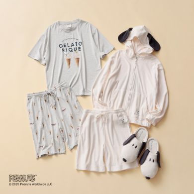 メンズ向けアイテム。ワンポイントTシャツ全2色（各5280円）、ジェラート柄ハーフパンツ（5390円）、パイルパーカ＆ハーフパンツ（1万5950円）、パイルルームシューズ（4290円）