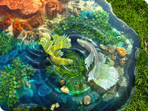 池で泳ぐ鯉のテーブル