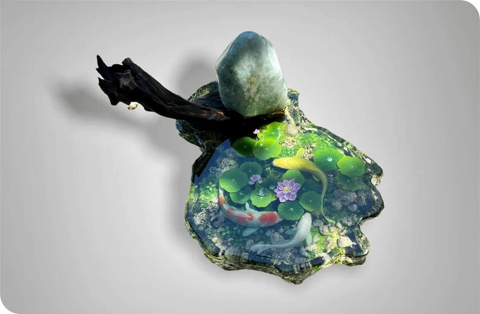 池で泳ぐ鯉のテーブル