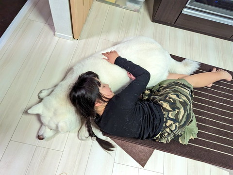 白いワンコと添い寝する娘さん上から