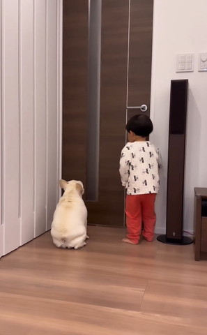 ドアの前で座ってるワンコと立ってる息子さん
