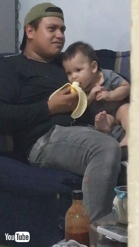 「Baby Attempts to Surreptitiously Eat His Dad's Banana || ViralHog」