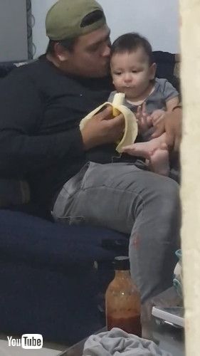 「Baby Attempts to Surreptitiously Eat His Dad's Banana || ViralHog」