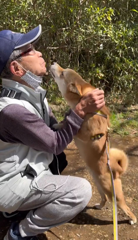 座るおじさんと口元を狙うマメちゃん