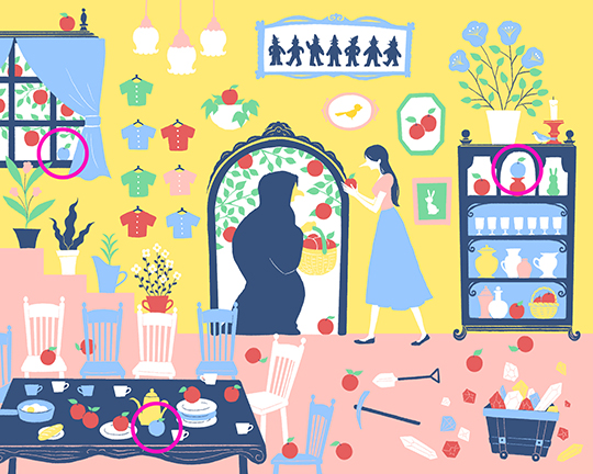 この中に「毒リンゴ」が3つ隠れているのですが……　大変、白雪姫を助けないと！　童話隠し絵クイズに挑戦しよう