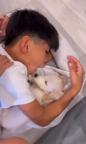 口あけてるお兄ちゃんと起き上がるワンコ