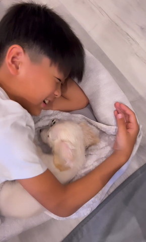 笑顔の息子とワンコの後頭部