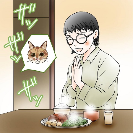 イラスト 人間が食事を始めようとすると、猫が用を足す音が聞こえてくる ／【PR】 ライオンペット  猫砂 ニオイをとる砂