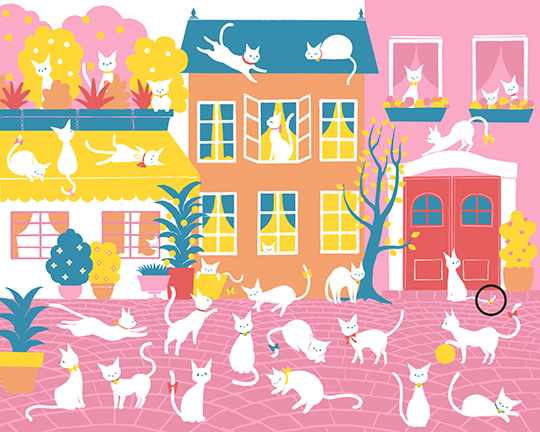【隠し絵クイズ】「しっぽに鈴がついたねこ」はどこ？　ねこだらけの町を探検しよう