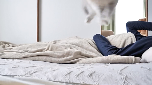 飼い主を起こそうとするうさぎ