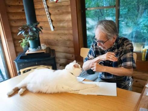 お父さんの邪魔をする猫