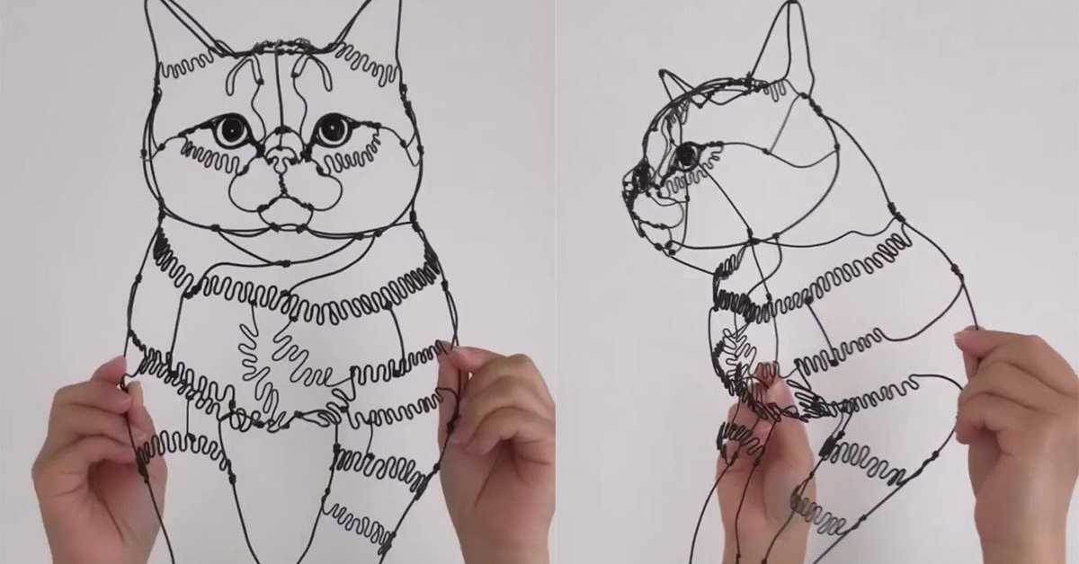 魚を持ってバイバイする猫のワイヤーアート