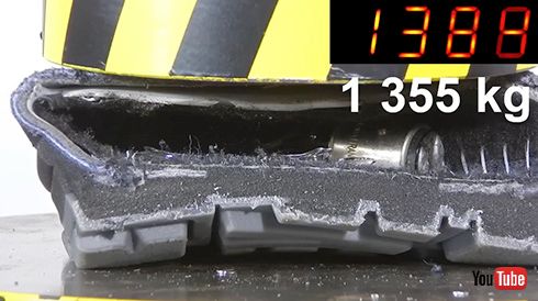 安全靴 耐久性実験 油圧プレス