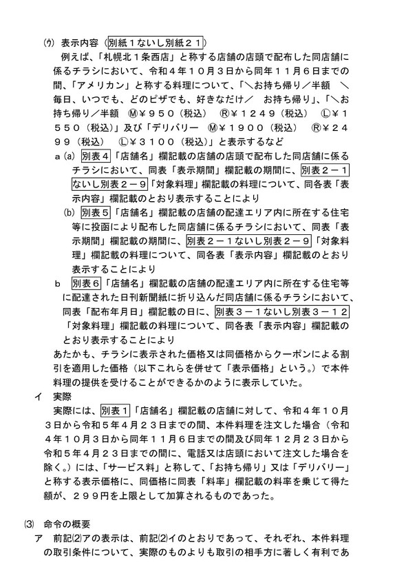 ドミノ・ピザ　景品表示法違反　サービス料　チラシ