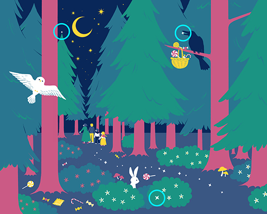 この画像の中に「星形の小石」が3つ散らばっています　2人の兄妹が無事帰れるように見つけてあげよう【童話隠し絵クイズ】